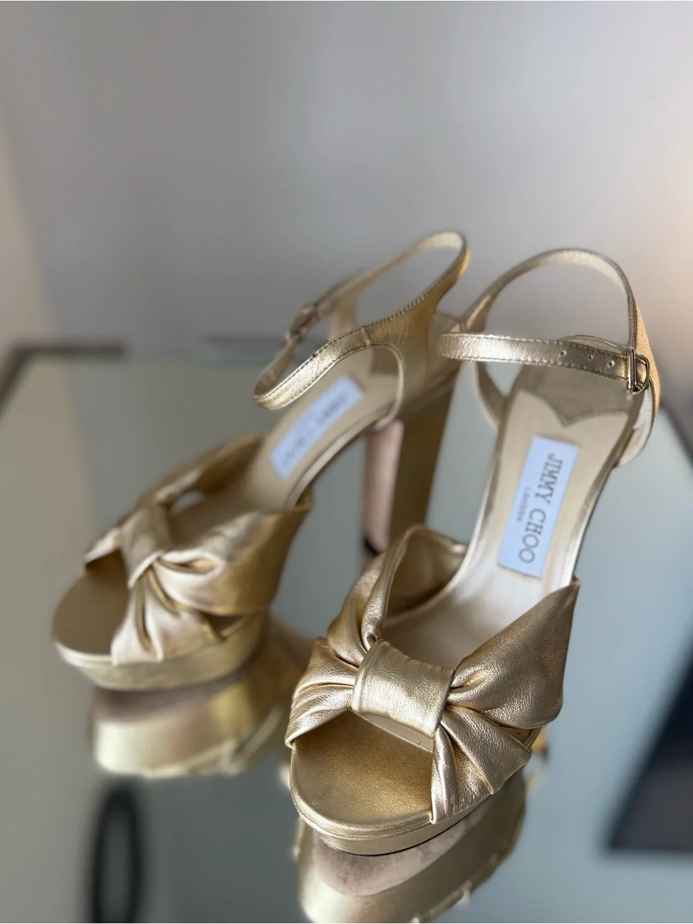 Jimmy Choo Heloise 120 Gold Metallic Nappa Leather Platform Sandals 38.5